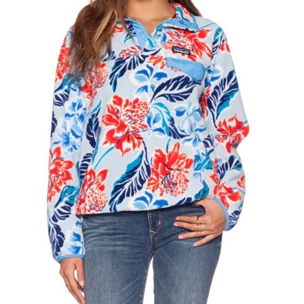 Patagonia Synchilla T-Snap Pullover Manoa Dusk Hibiscus Print Collared